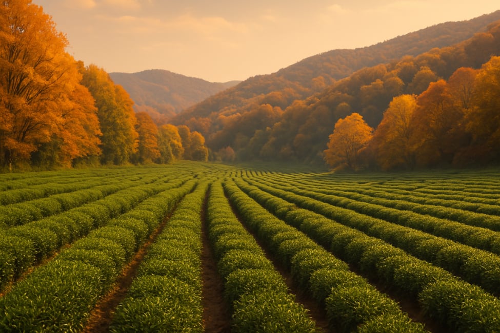 Hier sieht man einen Teegarten im Herbst - neue Tees sind gerade geerntet worden